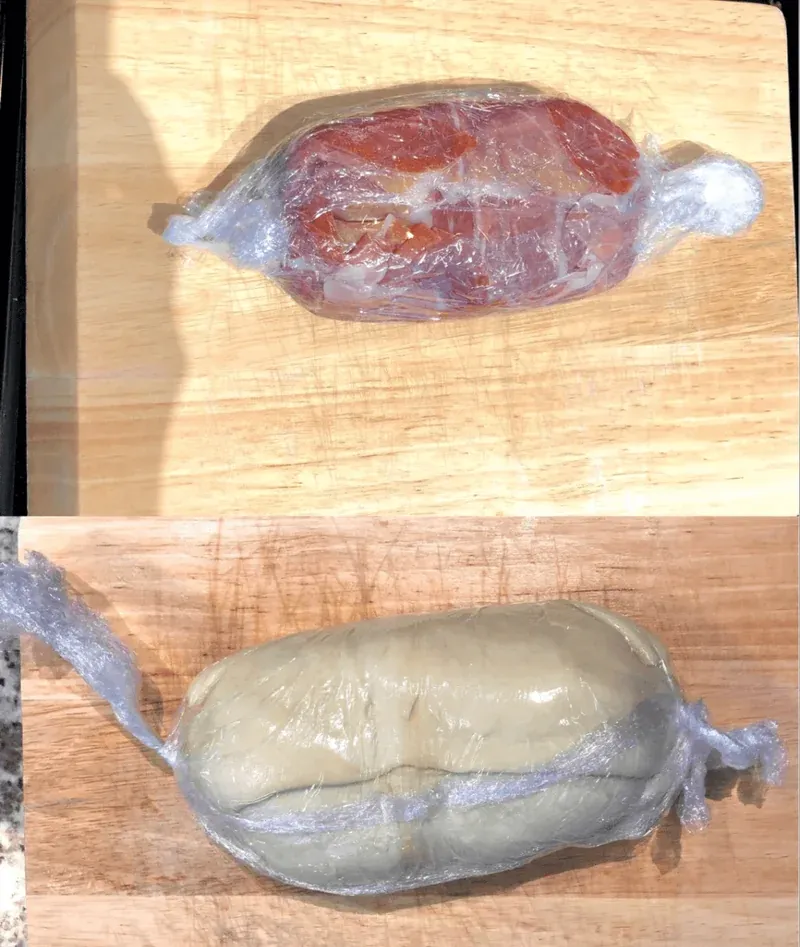 Wrapping beef with mushroom and prosciutto