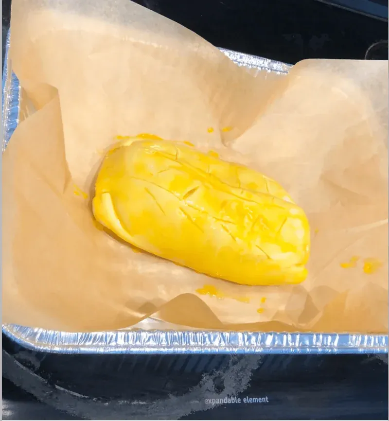 Baking the beef Wellington until golden