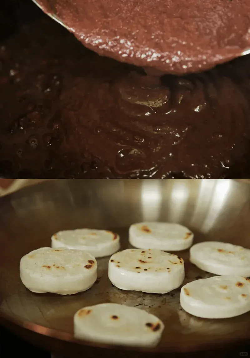 Searing rice cakes for added texture